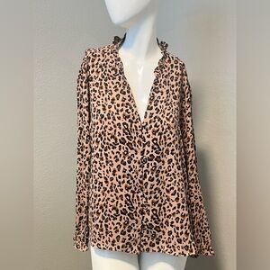 J. CREW Women’s Black & Tan Animal Print Ruffle Neck Shirt Top Blouse Size L